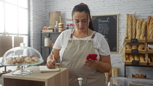 Young woman in bakery taking notes with phone in hand surrounded by bread pastries and shelves
