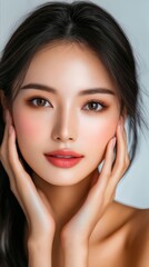 Obraz premium A woman with long black hair and a red lipstick