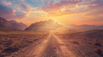 Naklejka premium A Desert Road Leading Towards a Silhouetted Ancient City at Sunset