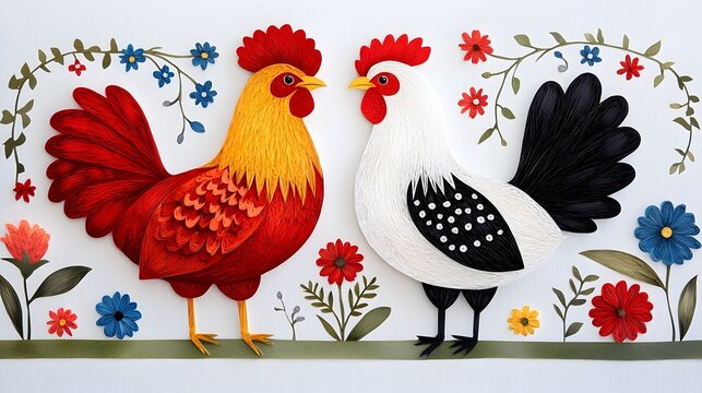 Vibrant and Symmetrical Flowers and Roosters Depicted in Traditional Polish Wycinanki Folk Art Paper Cut Design with Intricate Patterns and Ornamental Elements