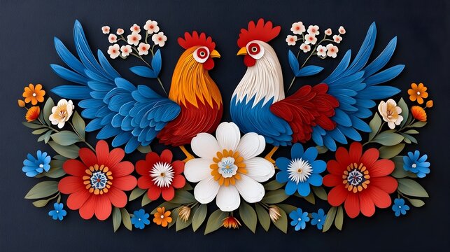 Beautifully crafted and colorful Polish Wycinanki paper cut art featuring vibrant symmetrical floral and rooster designs a traditional folk art form