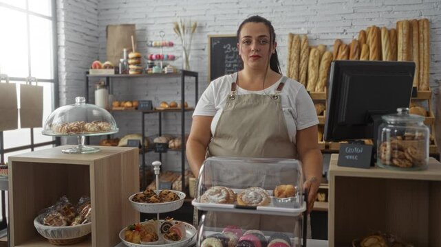 Curvy woman in bakery looking at pastries behind counter indoor shop wearing apron surrounded by baked goods bread cookies cakes shelves counter