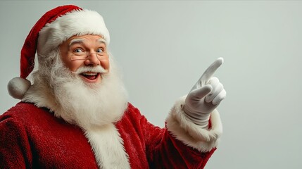 Naklejka premium A man dressed as Santa Claus pointing at something with his finger
