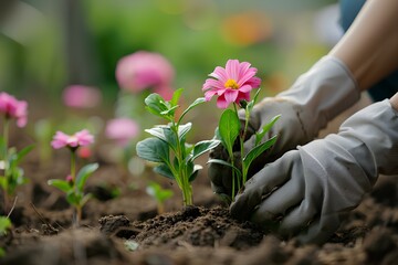 A person planting a pink flower in a garden