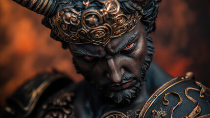 Finished in dark bronze, the dramatic devil statue features intricate, fiery patterns that give it an imposing stance, creating a sense of movement and intensity.