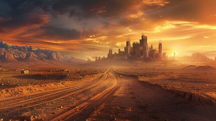 Obraz premium A Dusty Path Leading to a Majestic Stone Castle at Sunset