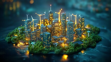 Vibrant miniature city with illuminated skyscrapers and wind turbines on a lush island.