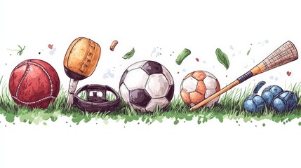 Minimalist Doodle Tattoo Design of Sport Equipments on Grass | Simple and Stylish Illustration on White Background