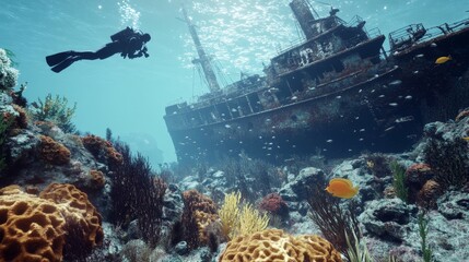 Fototapeta premium AI-rendered underwater scene showing a diver swimming near a sunken ship, with coral reefs and schools of fish surrounding.
