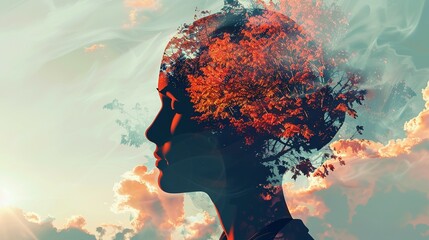 A Silhouette of a Person with an Autumn Tree Growing from Their Head Against a Cloudy Sky