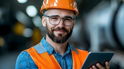 Caucasian engineer using tablet to discuss and plan train repairs in a garage workshop environment  Focused on transportation infrastructure maintenance and technological solutions