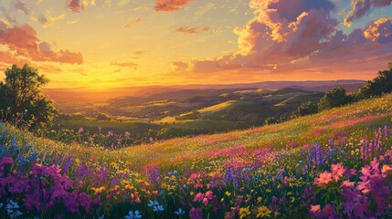 Obraz premium AI-rendered vibrant sunset over rolling hills, with wildflowers blooming in every color, under a golden-hued sky.