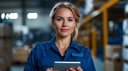 Confident female engineer in safety uniform walking through a warehouse focused on analyzing data and optimizing using a digital tablet for smart decision making and efficiency improvements