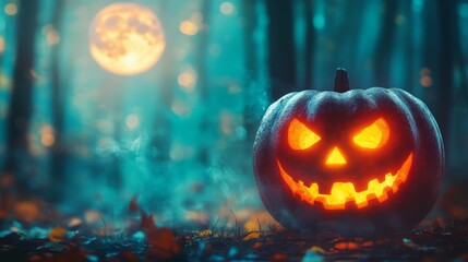 Fototapeta premium Close-up of a jack-o'-lantern with a menacing face, illuminated from within, against a blurred Halloween background of the forest and an autumn-colored full moon.