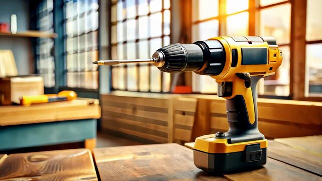 Electric screwdriver on a clean wooden workbench in the workshop