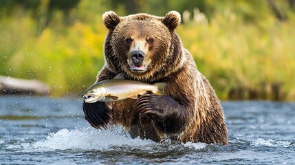 Obraz premium Majestic brown bear catching salmon in river