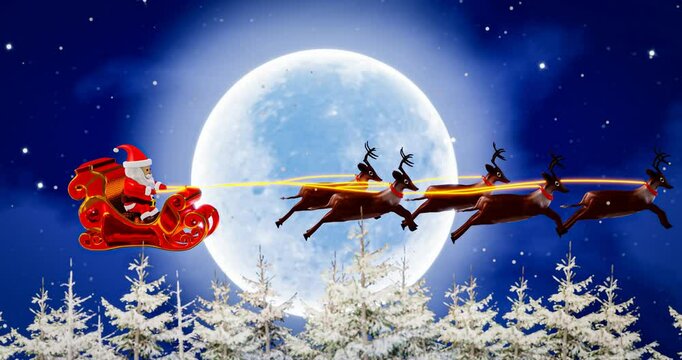 Christmas Eve, Santa Claus gives gifts in the sky with a bright blue Super Full moon on a snowy night. Village in the middle of a pine forest on a mountain, high in snow. 3D Rendering