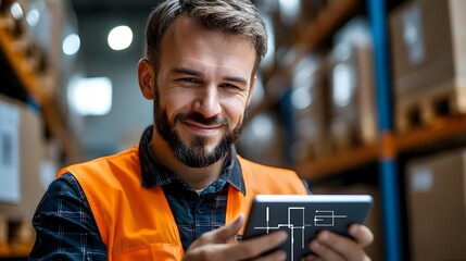 Industrial worker in safety uniform using a tablet while inspecting a modern high tech metal warehouse facility  The worker is leveraging technology for efficient inventory control
