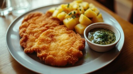 Crispy Wiener with Potatoes and Sauce on Plate