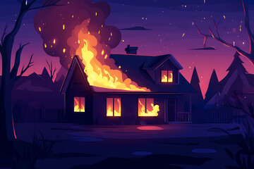 A house engulfed in flames at dusk, highlighting a dramatic and intense scene.
