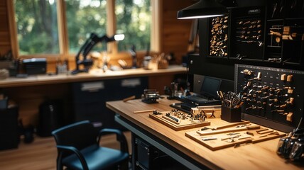 A cozy workshop featuring a wooden desk filled with tools and supplies, surrounded by warm sunlight streaming through large windows.