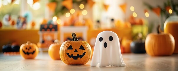 A festive Halloween scene featuring a smiling jack-o'-lantern, a ghost decoration, and vibrant autumn colors.