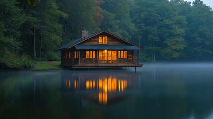 Fototapeta premium Tranquil cabin nestled on a serene lake, bathed in the warm glow of evening light.