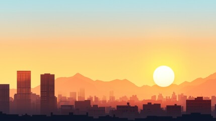 Fototapeta premium Stunning urban sunset a vibrant city silhouette against golden mountains and a beautiful horizon at dusk