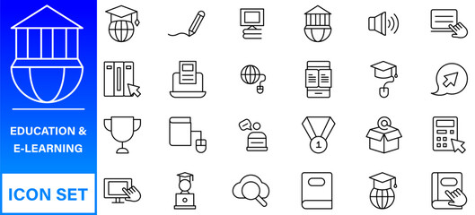 E-learning, online education elements - minimal thin line web icon set. Outline icons collection.
