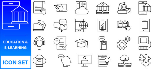 E-learning, online education elements - minimal thin line web icon set. Outline icons collection.