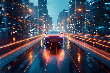Fototapeta premium A car driving down a city street at night