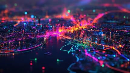 An AI-generated digital map showing a personalized travel itinerary, with each stop highlighted, glowing in vibrant colors.