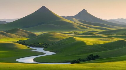 Fototapeta premium A vast green valley with a winding river flowing between softly rolling hills, with the warm glow of sunset enhancing the natural beauty..