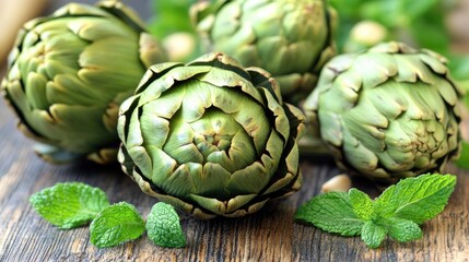 Fresh Artichokes on Wooden Table with Mint Leaves