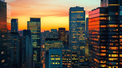 Obraz premium A panoramic view of a city skyline at sunset with tall buildings and vibrant colors.