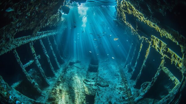 The point of view from inside an underwater pirate shipwreck, with the jagged remains of the hull framing the ocean beyond, shafts of sunlight streaming through