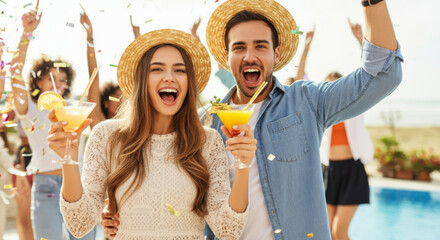 Summer celebration by the pool: joyful young adults with cocktails and confetti