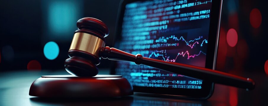 A gavel rests on a platform beside a digital screen displaying data patterns, symbolizing the intersection of law and technology.