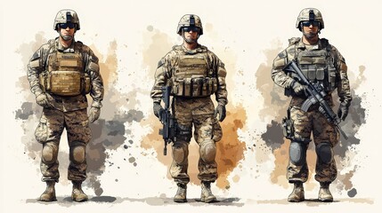 Fototapeta premium Military Army Man Clipart Set of 4 Simple Color on White Background
