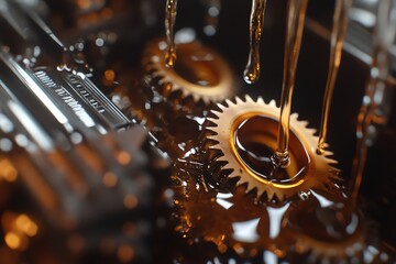 Close-up of engine gears submerged in golden oil with droplets falling from above.