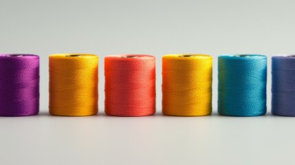 A visually pleasing row of neon-colored sewing threads lined up on a smooth white surface, emphasizing color vibrancy and simplicity