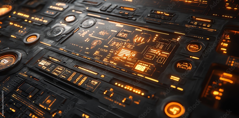 Poster close-up view of a futuristic technology control panel with glowing orange lights and digital displa