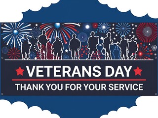 Veterans Day Banner with Silhouettes of Soldiers and Fireworks