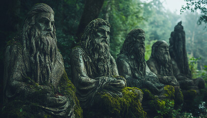 A tranquil forest where towering feathers as tall as trees sway gently in the breeze