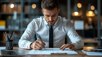 Fototapeta premium A statistician reviewing probability models, preparing data for analysis in a sleek, organized office environment