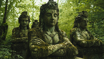 A tranquil forest where towering feathers as tall as trees sway gently in the breeze