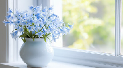 bluebell: the image presents a cluster of bluebell flowers arranged in a small ceramic vase on a white windowsill, texture background