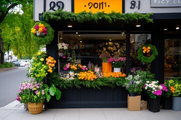 A florist shop front decorated with wreaths and garlands, inviting locals to buy for special occasions
