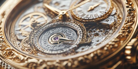 Obraz premium Close up of an intricate gold watch face with visible gears and a purple jewel.