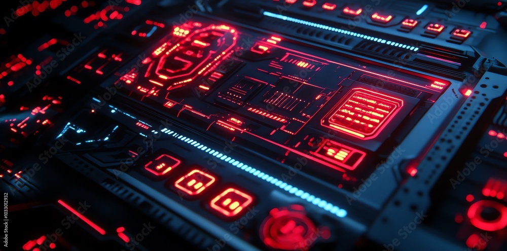 Poster Futuristic red and blue glowing digital interface with lines and buttons.